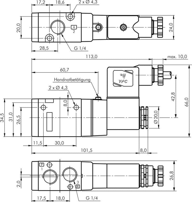 3/2-Wege Magnetventil, G 1/4", Federrückstellung (NO), 24 V AC