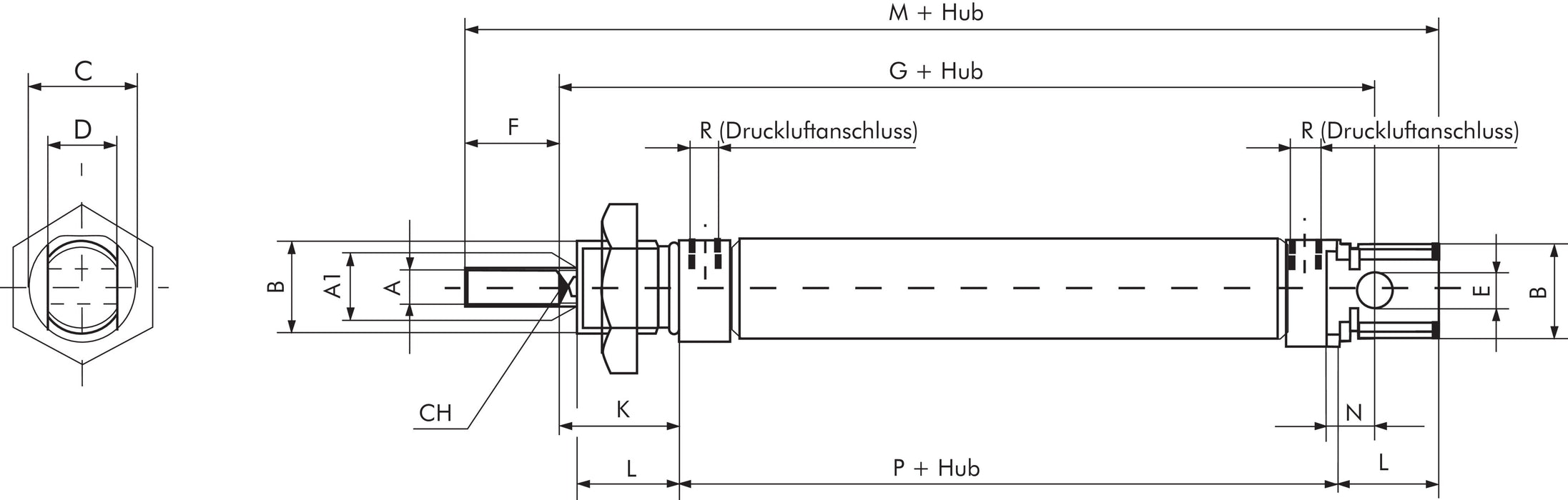 Cylindre ISO 6432, inox, piston 25mm, course 500mm